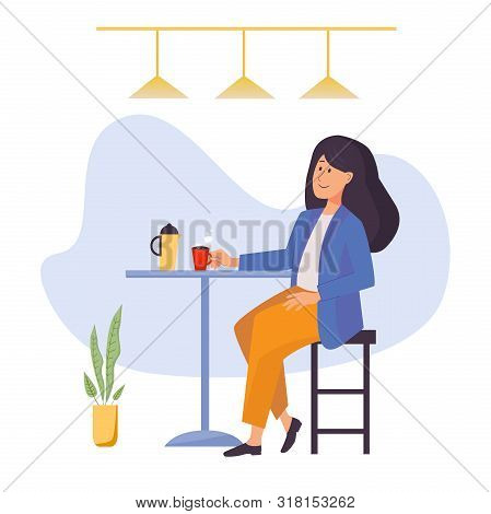 Woman Character In Flat Style Sitting In The Cafe And Drinks Coffee With Coffee Pot On The Table. Ve