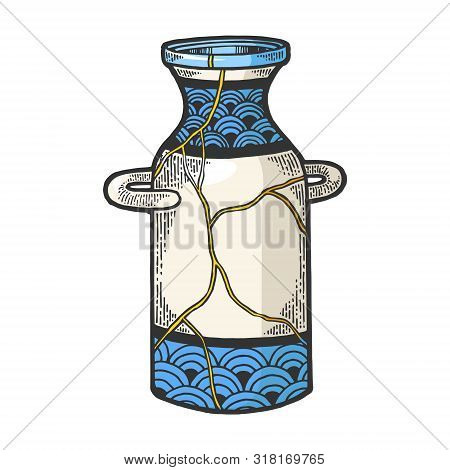 Repaired Japan Vase Kintsugi Art Color Sketch Engraving Vector Illustration. Scratch Board Style Imi