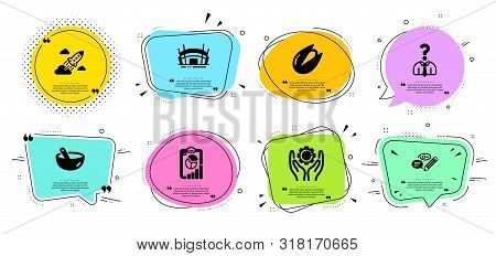 Employee Hand, Report And Cooking Mix Line Icons Set. Chat Bubbles With Quotes. Keywords, Startup Ro