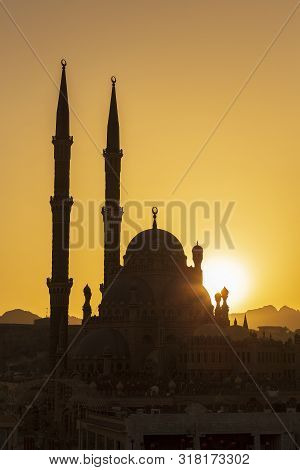 Silhouette Al-sahaba Mosque At Sunset Time In Sharm El Sheikh, Egypt. Architecture Of Al Sahaba, Al 