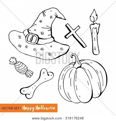Set In Vector For A Fun Halloween. Cartoon Monsters In Flat Style. Hand Drawn Black Line On White Ba