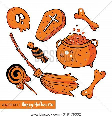 Set In Vector For A Fun Halloween. Cartoon Monsters In Flat Style. Hand Drawing In Orange, Red, Blac