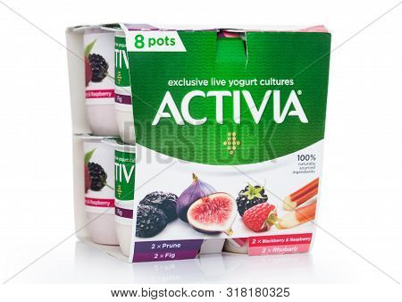 London, Uk - August 18, 2019: Pack Of Activia Exclusive Live Yogurt Cultures With Fruits On White Ba