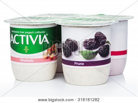 London, Uk - August 18, 2019: Pack Of Activia Exclusive Live Yogurt Cultures With Prunes And Rhubarb