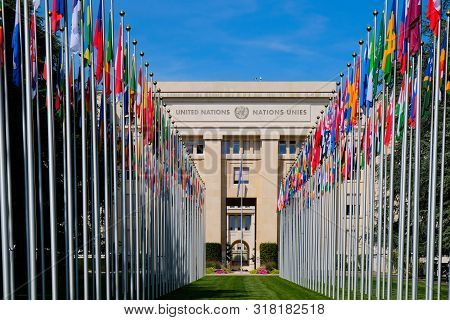 Geneva, Switzerland - August, 2019: United Nations Entrance And Building In Geneva In A Beautiful Su