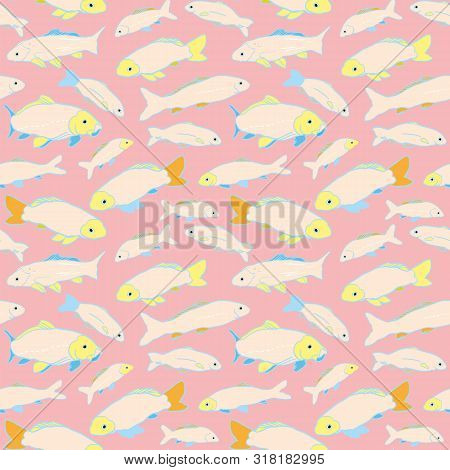 Colorful Sealife Goldfish Koi Seamless Pattern. With Geometric Touch In Tones Of Blue, Pink And Yell