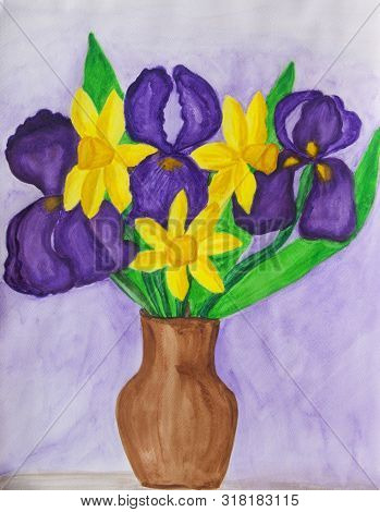 Violet Irises And Yellow Daffodiles In Vase