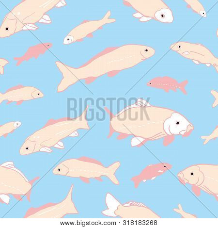 Wavy Sealife Goldfish Koi Seamless Pattern. With Carp Fish In Tones Of Pink And Rose Color. Modern, 