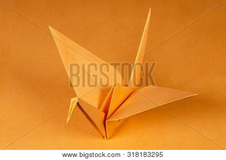 Orange Origami Crane On Orange Background. Tsuru. Japanese Art Of Paper Folding. Flat Square Sheet O