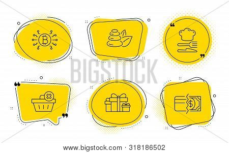Delete Order, Spa Stones And Payment Methods Signs. Chat Bubbles. Holiday Presents, Food And Bitcoin