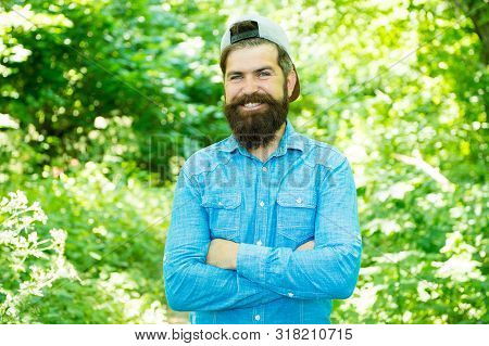Feel Happiness. Guy In Forest. Summer Camping. Happy Bearded Man. Mature Hipster With Beard. Male Fa