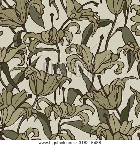 Lilly Green Seamless Pattern Flowers And Leaves