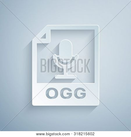 Paper Cut Ogg File Document. Download Ogg Button Icon Isolated On Grey Background. Ogg File Symbol. 