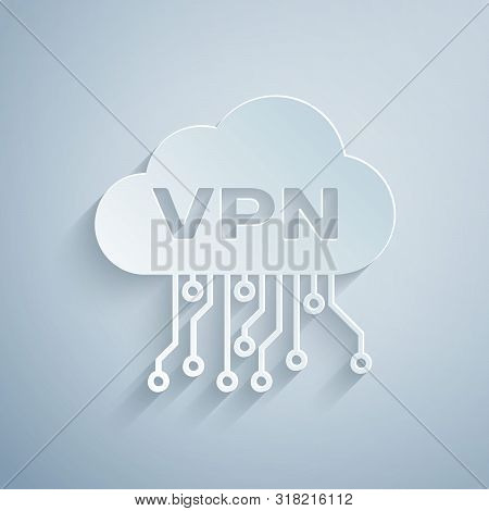 Paper Cut Cloud Vpn Interface Icon Isolated On Grey Background. Software Integration. Paper Art Styl