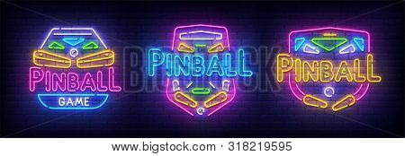 Pinball Neon Sign, Bright Signboard, Light Banner. Set Pinball Logo Neon, Emblem. Vector Illustratio