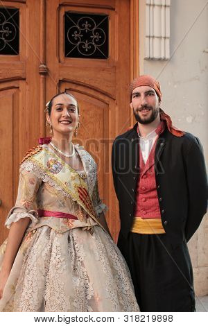 Valencia, Spain- March 12, 2018: Couple Dressed In Typical Valencian Costumes In The Las Fallas Fest