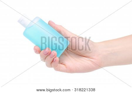 Bottle Acetone Nail Polish Remover In Hand On White Background Isolation