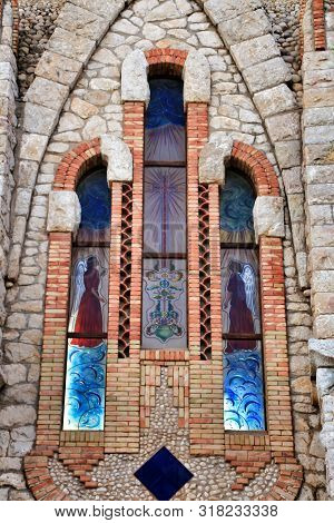 Novelda, Alicante, Spain- November 28, 2018: Details, Archs, Tower And Tiles Of Sanctuary Of Santa M