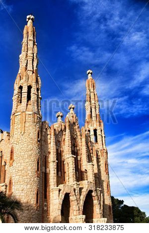 Novelda, Alicante, Spain- November 28, 2018: Details, Archs, Tower And Tiles Of Sanctuary Of Santa M