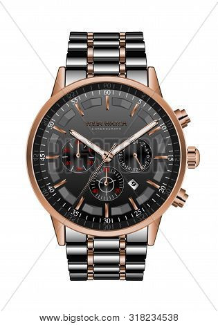 Realistic Clock Watch Chronograph Black Steel Copper Luxury For Men On White Vector Illustration.