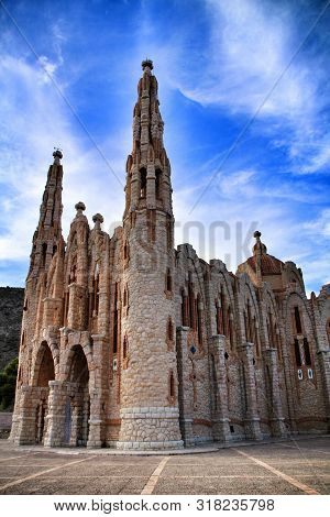 Novelda, Alicante, Spain- November 28, 2018: Details, Archs, Tower And Tiles Of Sanctuary Of Santa M