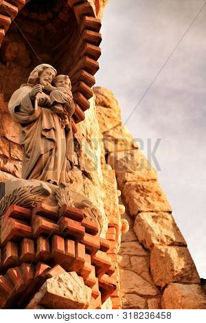 Novelda, Alicante, Spain- November 28, 2018: Details, Archs, Tower And Tiles Of Sanctuary Of Santa M