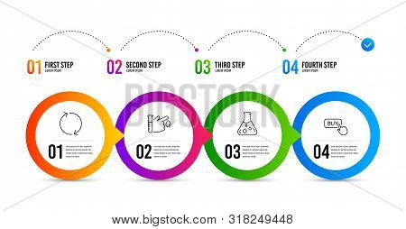 Refresh, Blood Donation And Chemistry Lab Line Icons Set. Timeline Infographic. Buy Button Sign. Rot
