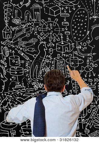 Inventore pazzo. Raccolta di foto, foto e disegno a mano elementi combinati.