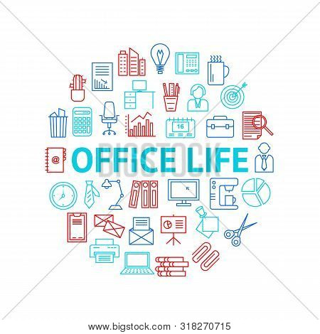 Office Signs Thin Line Round Design Template Ad Include Of Clock, Businessman, Coffee, Printer, Lamp