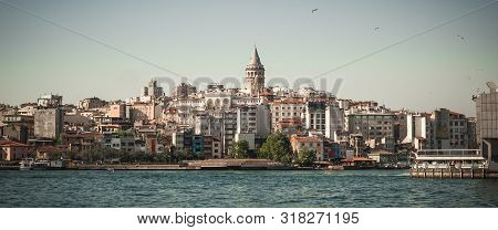 Panoramic Cityscape With Galata Tower Over The Bosphorus River. Istanbul