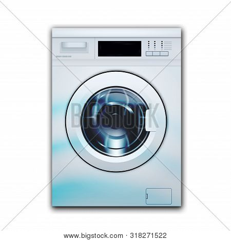 Washing Machine Automatic Front Loading Isolated On White Background. Front View, Close-up, Closed D