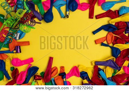 Birthday Party Accessories On Yellow Background, Flat Lay