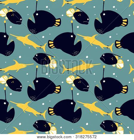 Seamless Pattern With Sea Animal - Fish, Fish Lantern,fish Saw. Cute Cartoon Character.
