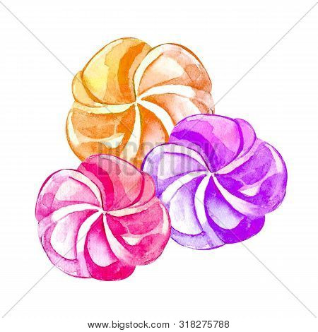 Hand Drawn Watercolor With Vanilla, Pink, Raspberry Marshmallow And Souffle. Romantic Concept. Isola