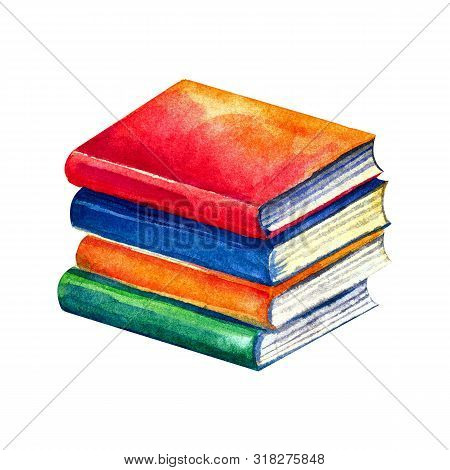 A Stack Of Books, School Books With Bright Covers In Watercolors. Isolated Object On White Backgroun