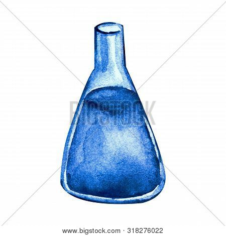 Chemical Flask For Experiments In Watercolor. Isolated Object On White Background. Utensils For Chem