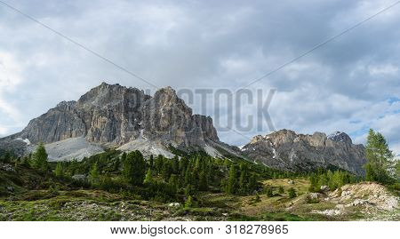 Beautiful Panoramic View Of Passo Falzarego, South Tyrol, Italy.