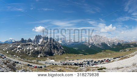 Panoramic View Of Drei Zinnen (tre Cime) Parking Place, Dolomites