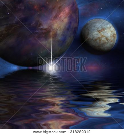 Exosolar planets rise over alien ocean. 3D rendering