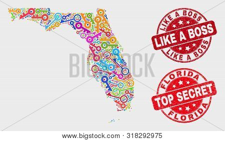 Passkey Florida State Map And Seal Stamps. Red Rounded Top Secret And Like A Boss Scratched Seal Sta