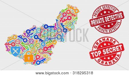 Passkey Granada Province Map And Stamps. Red Rounded Top Secret And Private Detective Textured Seal 