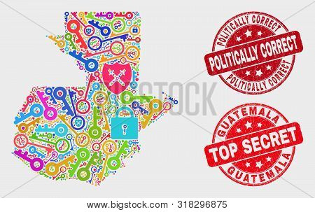 Secure Guatemala Map And Seal Stamps. Red Rounded Top Secret And Politically Correct Distress Stamps