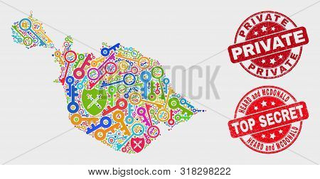 Safeguard Heard And Mcdonald Islands Map And Seal Stamps. Red Round Top Secret And Private Grunge Se