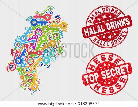 Safety Hesse Land Map And Stamps. Red Round Top Secret And Halal Drinks Distress Seals. Bright Hesse