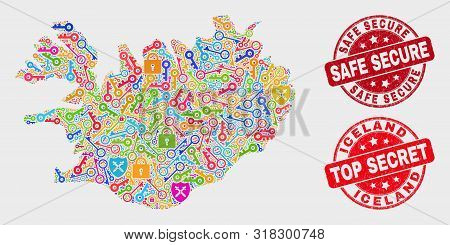 Passkey Iceland Map And Watermarks. Red Rounded Top Secret And Safe Secure Textured Watermarks. Brig