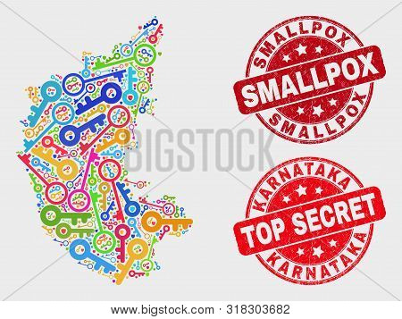 Safety Karnataka State Map And Stamps. Red Rounded Top Secret And Smallpox Scratched Stamps. Colored