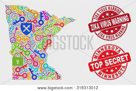 Passkey Minnesota State Map And Stamps. Red Round Top Secret And Zika Virus Warning Scratched Stamps