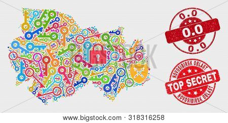 Safeguard Novosibirsk Region Map And Seal Stamps. Red Rounded Top Secret And 0.0 Scratched Seal Stam