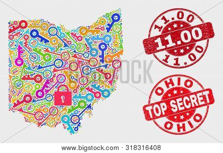 Key Ohio State Map And Seal Stamps. Red Rounded Top Secret And 11.00 Grunge Seal Stamps. Colored Ohi
