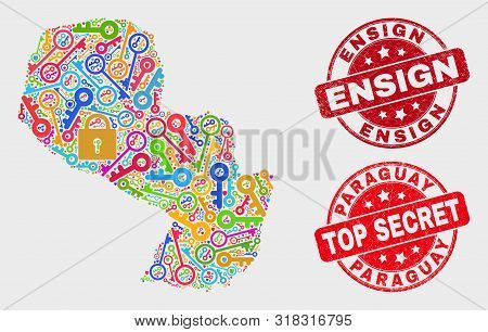 Firewall Paraguay Map And Seal Stamps. Red Rounded Top Secret And Ensign Distress Seal Stamps. Color